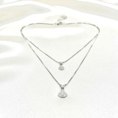 Fan shape Diamond pendant Zircon with double Layered necklace Chain