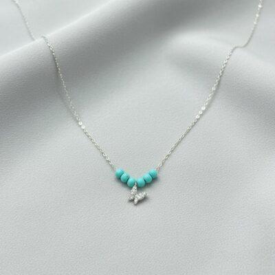 Genuine Turquoise Beads, cubic Zirconia pave butterfly Pendant with link chain Necklace