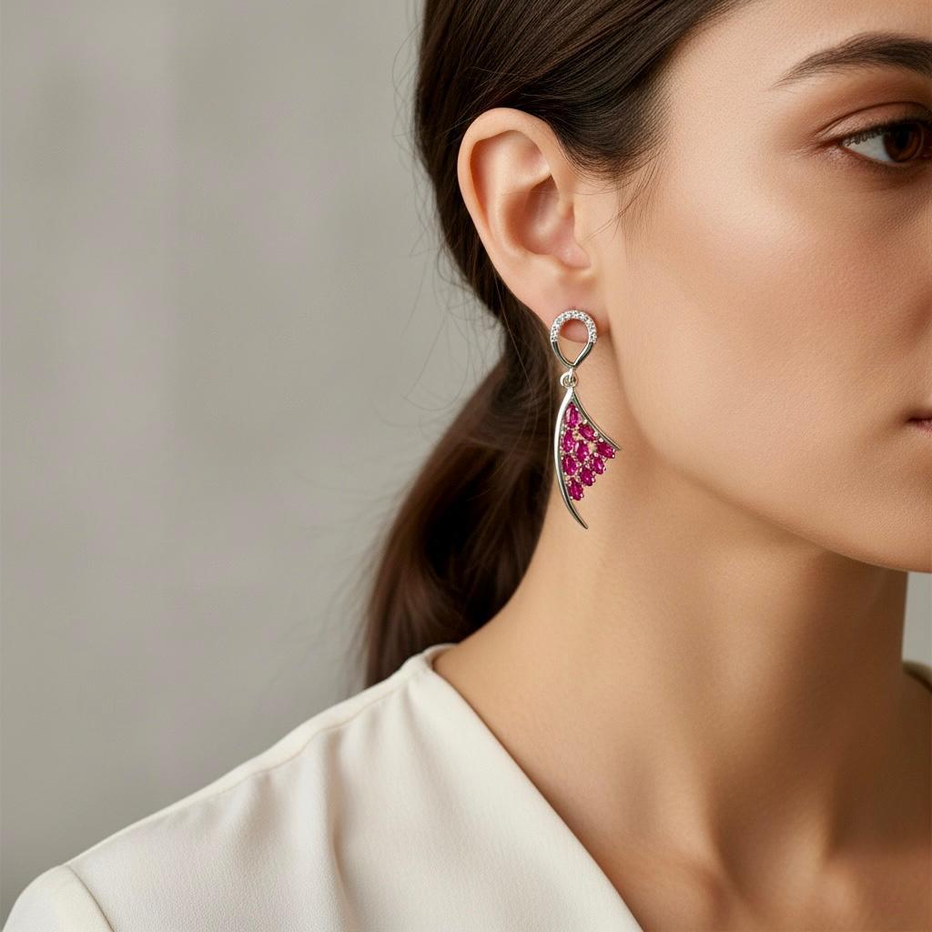 Shiny Curve Leaf Shape with Natural Ruby Stone droplet Earrings - Image 2